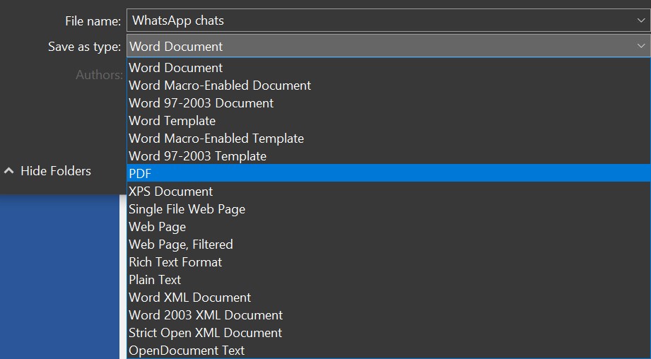 export whatsapp chat into pdf by using MS Word