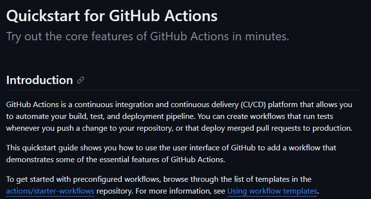 Quickstart for GitHub Actions docs guide